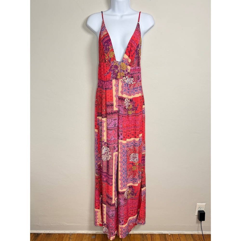 Free People Jumpsuit Womens 2 Red Boho Floral Patchwork Deep V-Neck Wide Leg